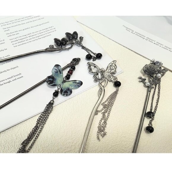 6 Pcs Vintage Chinese Hair Sticks for Buns Floral Butterfly Moon Tassels Women